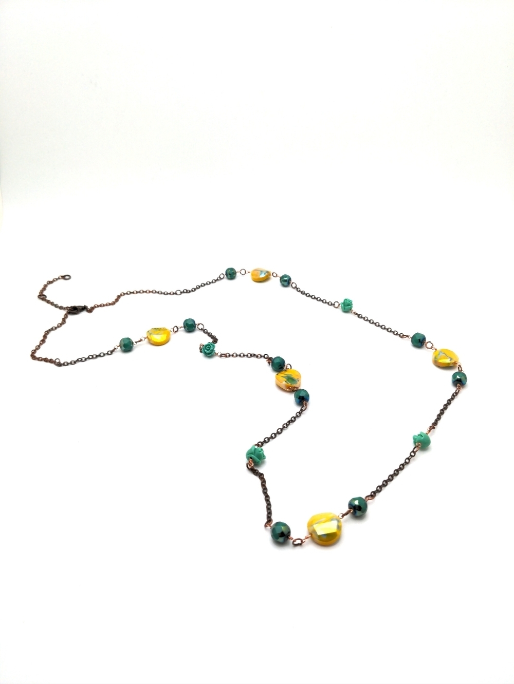 Handcrafted Long Bead Necklace: Turquoise, Teal & Yellow Glass
